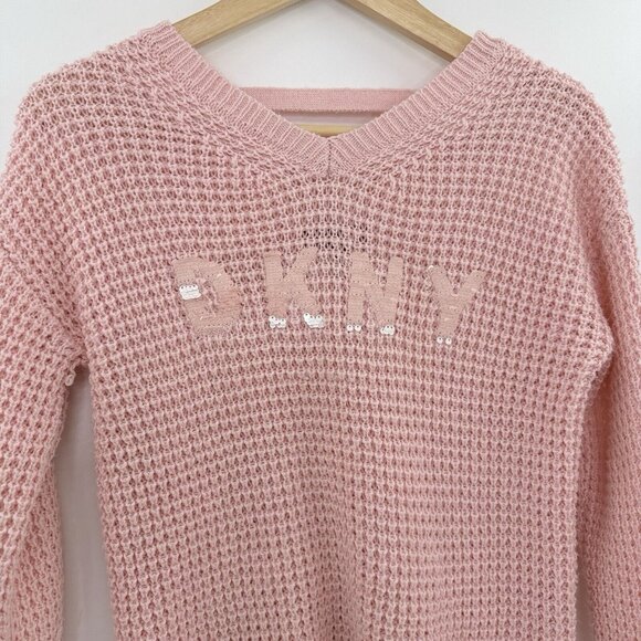 DKNY Girl’s Flip Sequin Spell Out Pink Knit V-Neck Sweater Size XL Preppy - Picture 4 of 13